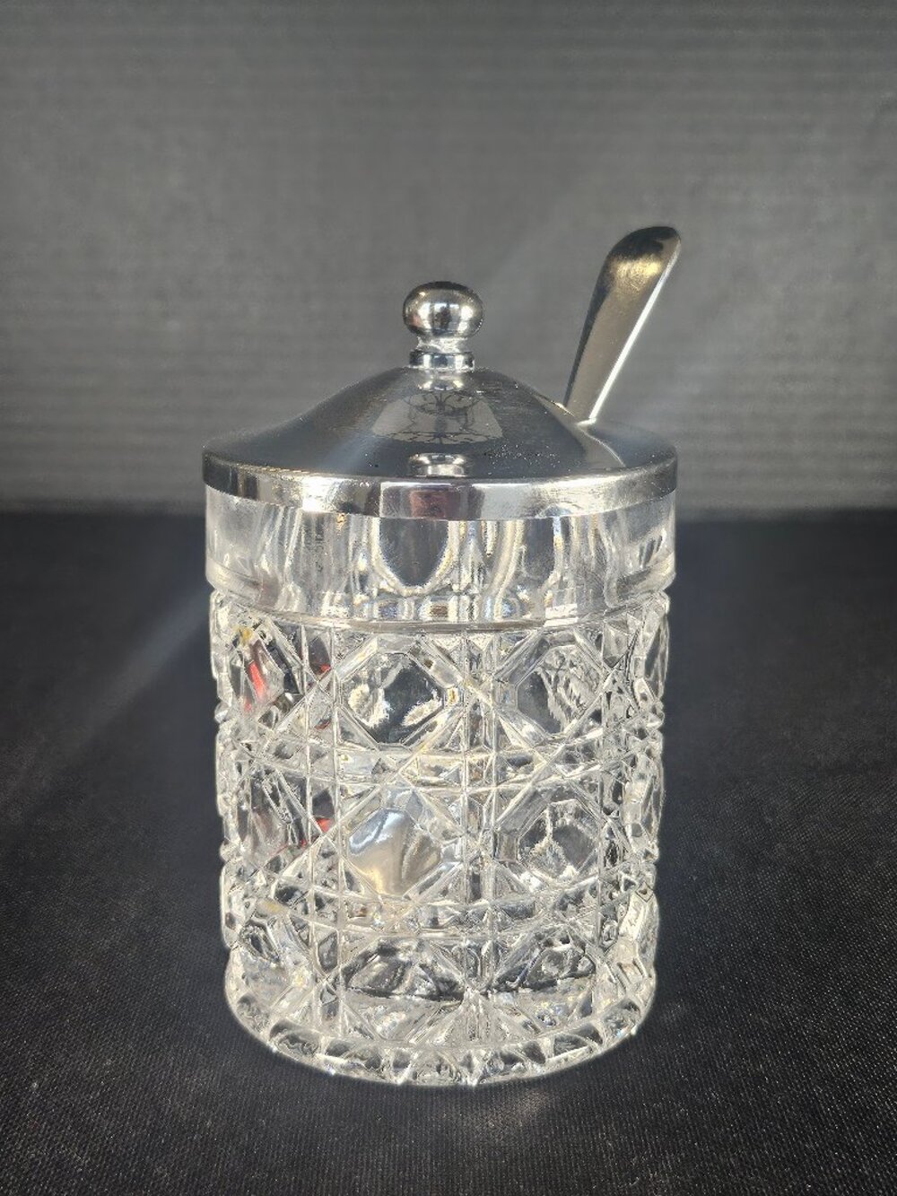 Vintage Royal Silver Plated Lead Crystal Preserve Jar Sheffield England Spoon 5"